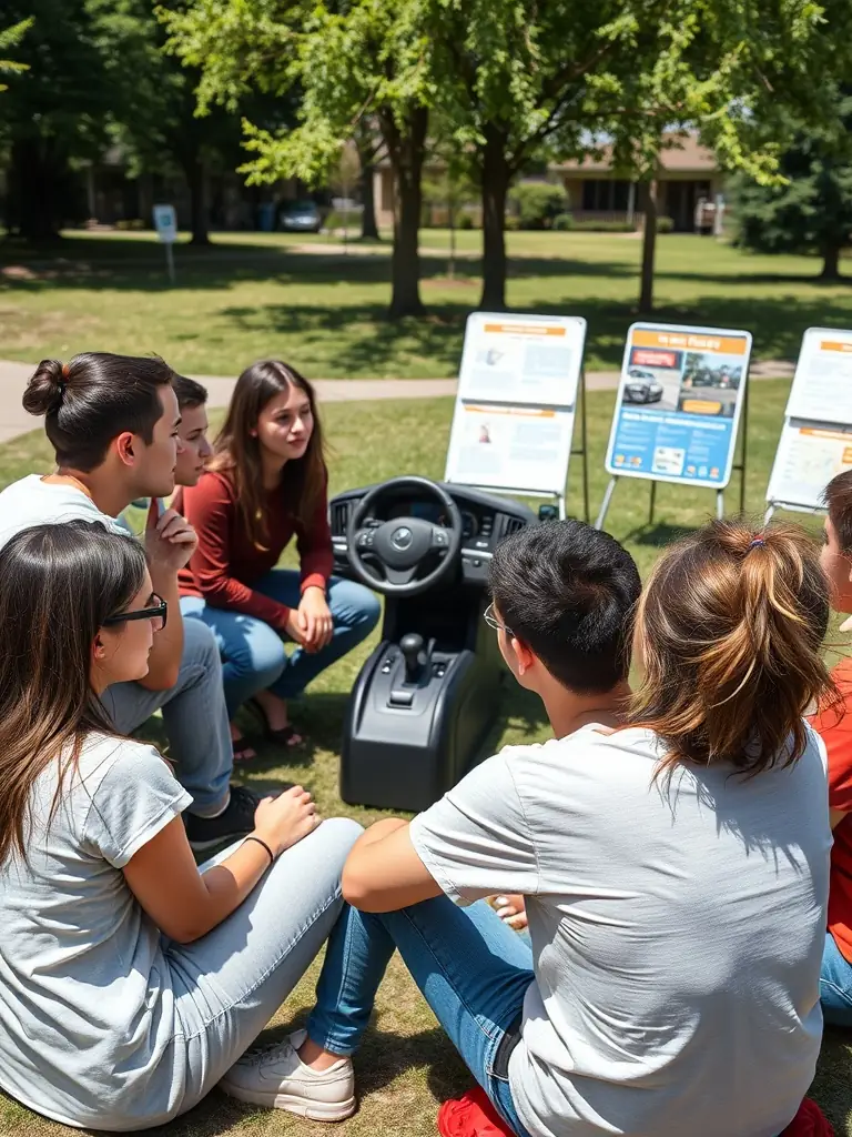 A vibrant photo of young adults participating in a safe driving workshop organized by ECURIE DES VOLCANS, showcasing hands-on learning and teamwork.