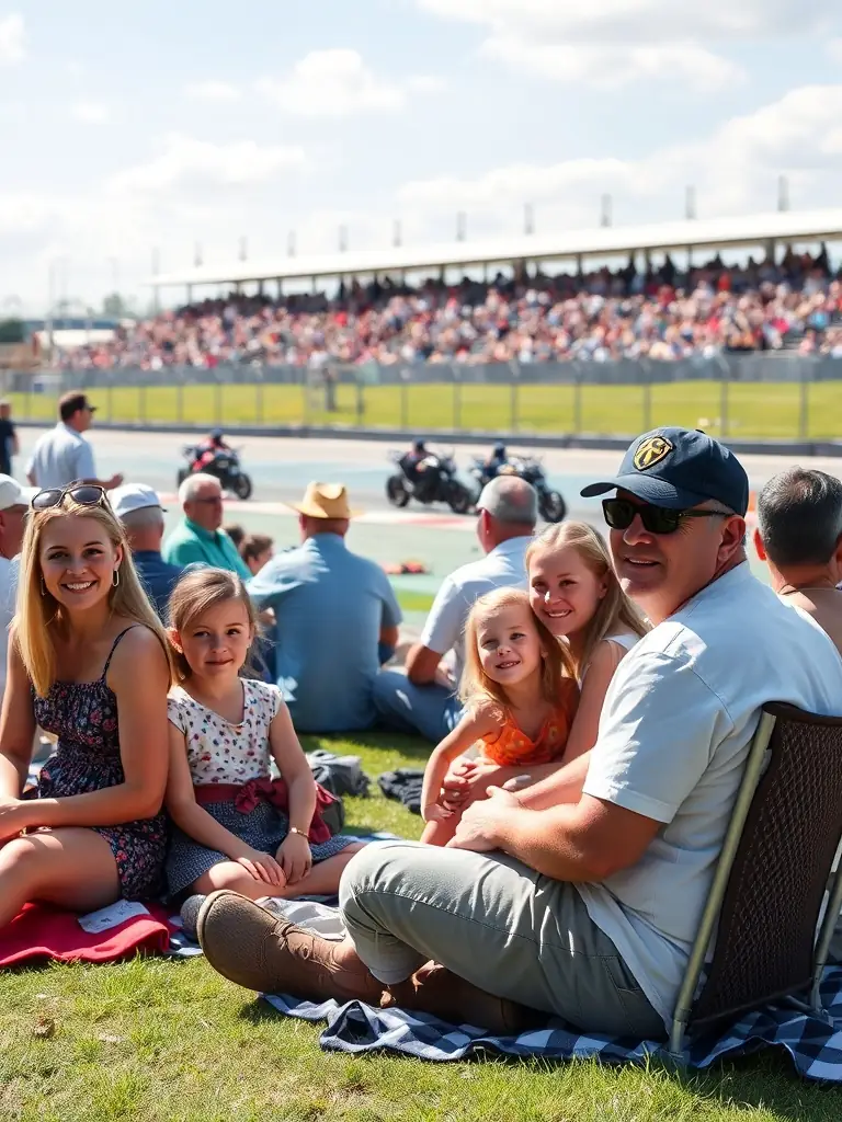 A heartwarming photo of community members enjoying a motorsport event, highlighting the positive social impact and inclusive atmosphere.