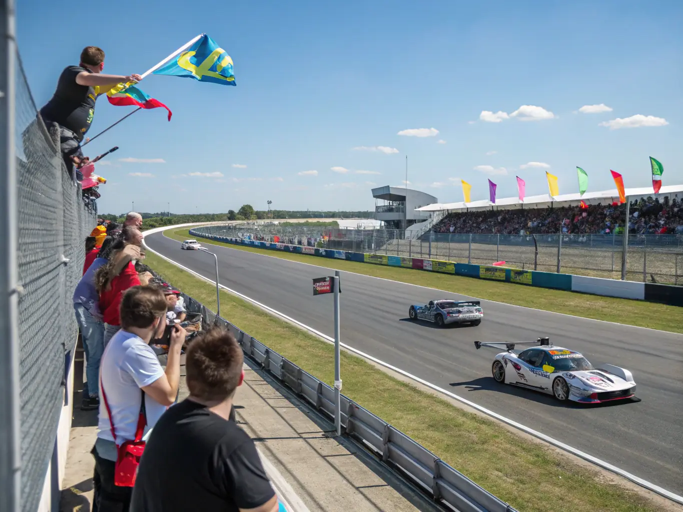 A community event showcasing various motorsport vehicles and activities, with families and individuals engaging in interactive displays and demonstrations. The event promotes safe driving awareness and celebrates the spirit of motorsport in a responsible and inclusive manner.