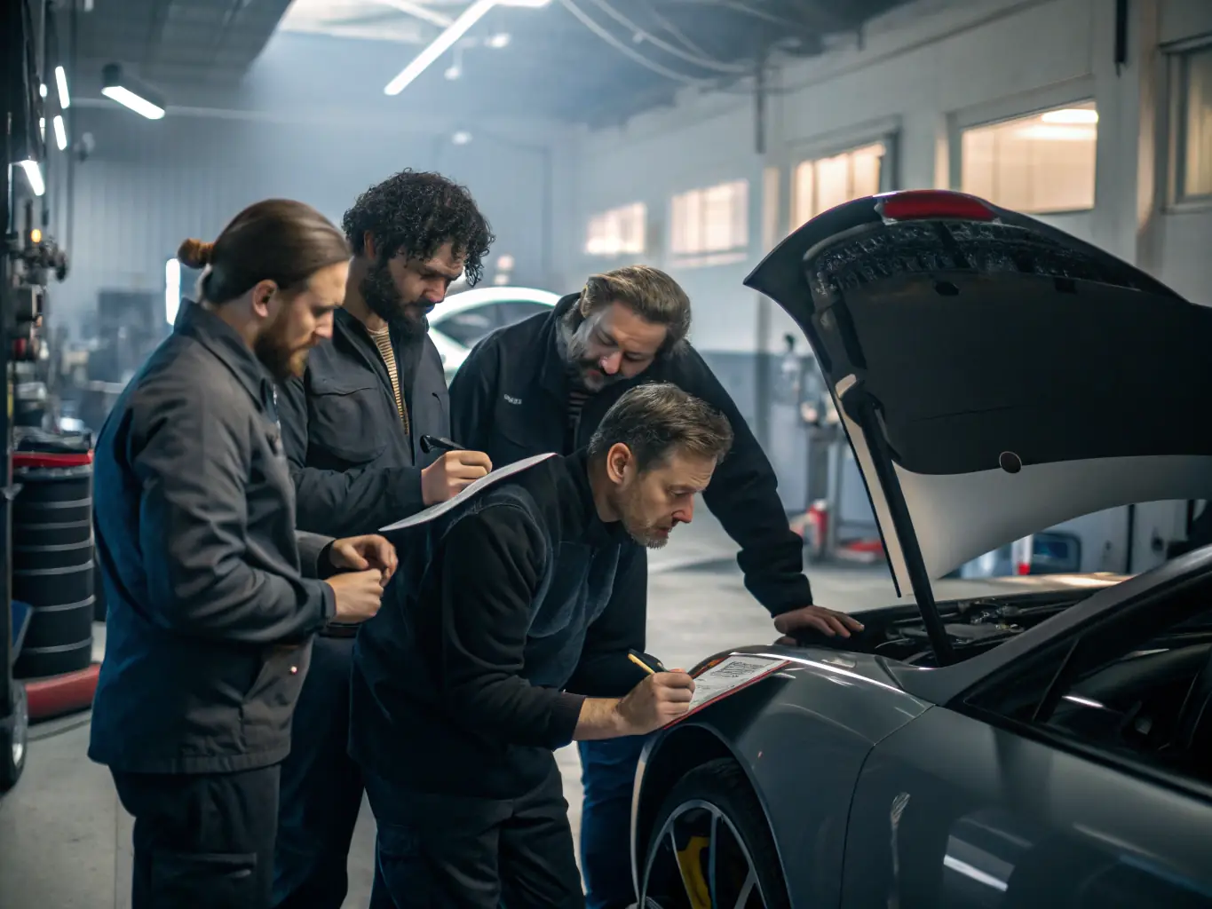 A dynamic image of participants in a technical skill development workshop, working on vehicle maintenance and repair under the guidance of experienced instructors.