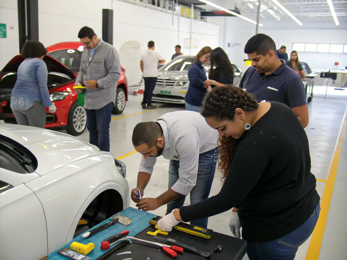 A group of young adults participating in a hands-on workshop, learning about vehicle maintenance and safety checks under the guidance of an experienced mechanic. The setting is a well-equipped garage with various tools and equipment visible.