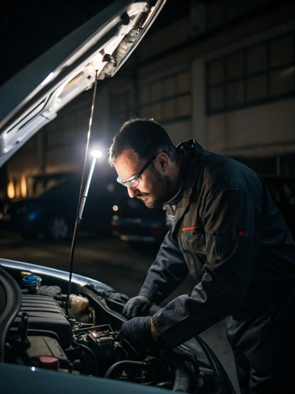 A focused shot of participants learning technical skills during a motorsport training session, emphasizing skill development and safety awareness.