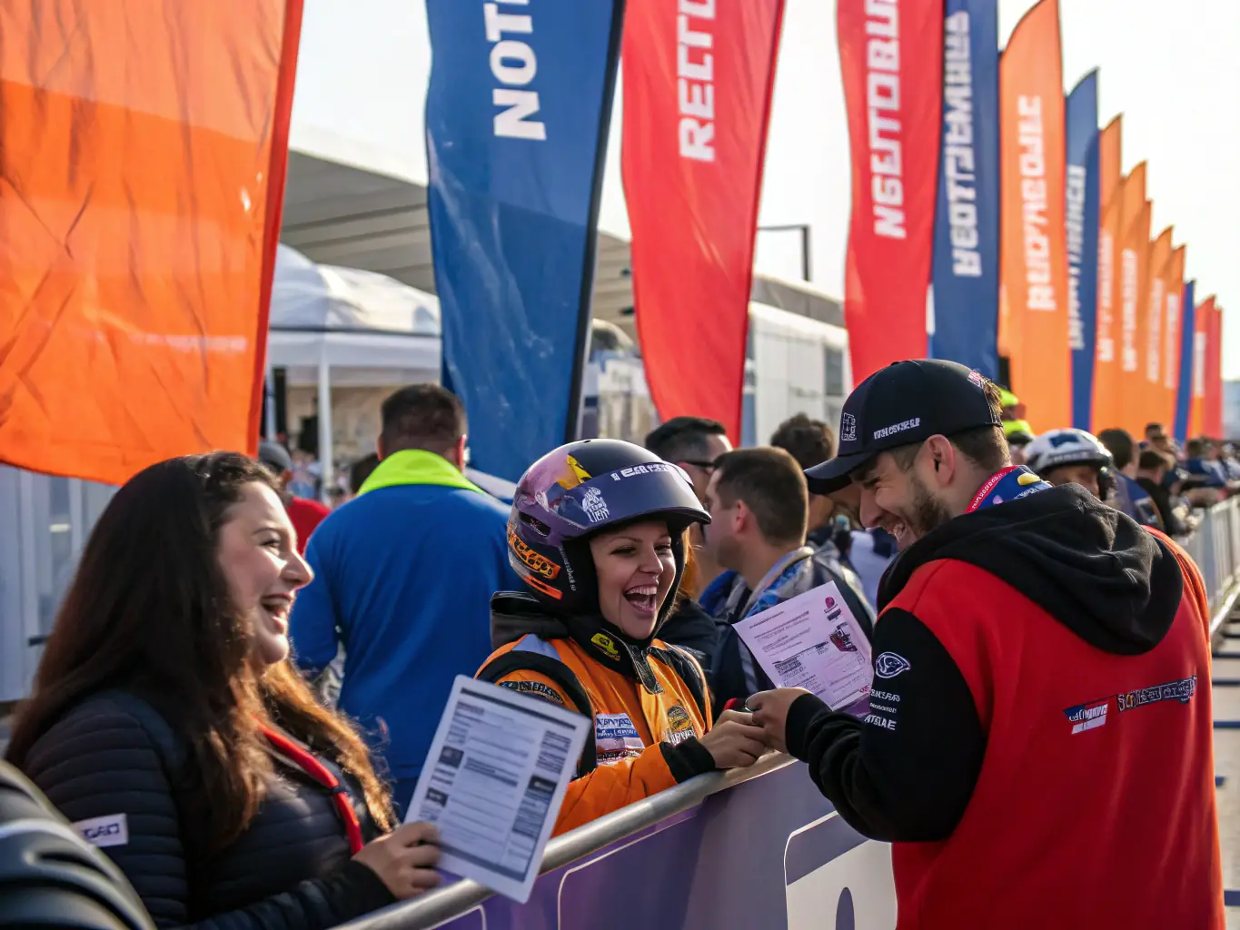 A photograph of volunteers organizing a community motorsport event, showcasing teamwork and enthusiasm, with families and participants enjoying the activities.