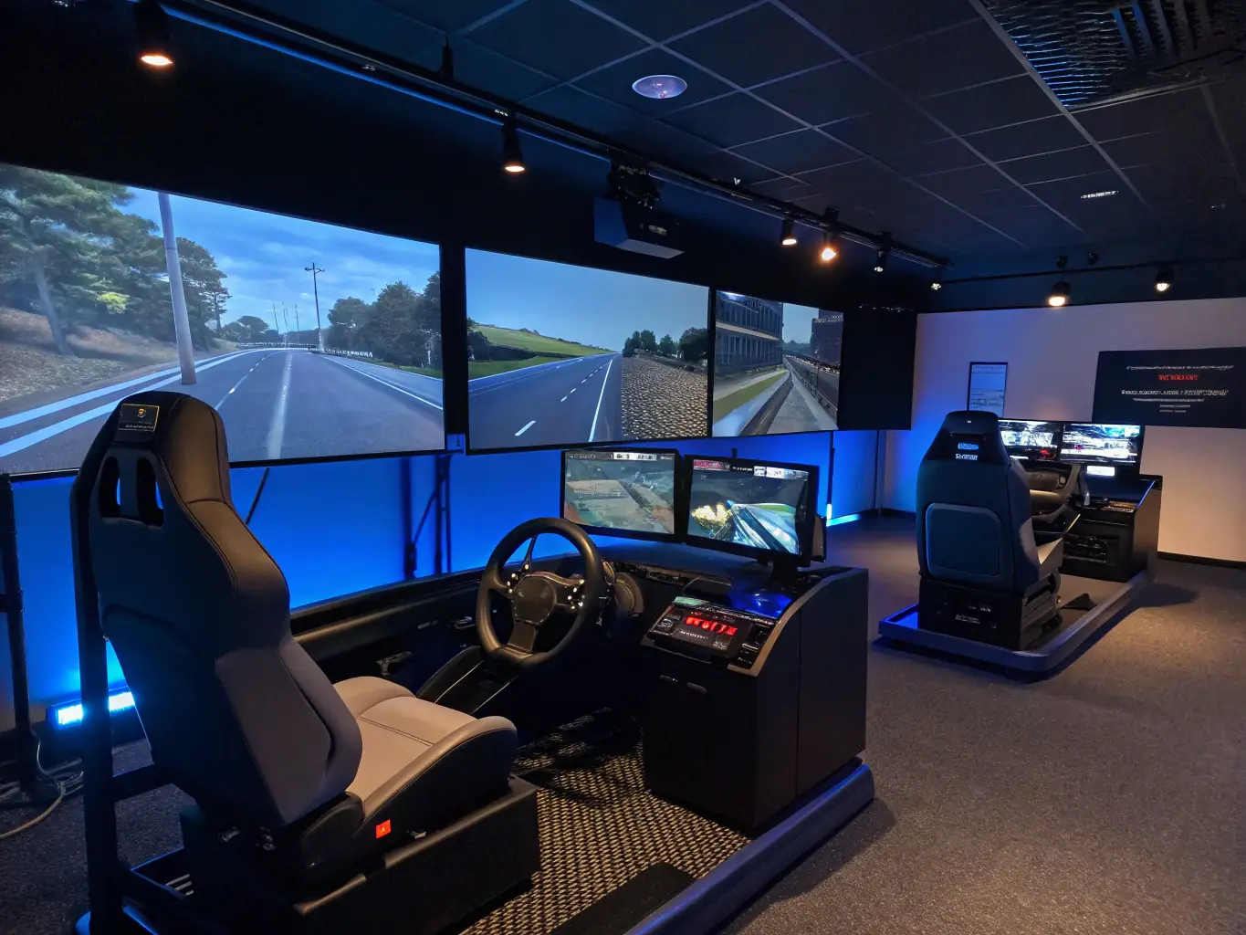 An image of young adults participating in a safe driving workshop, using simulators to practice hazard avoidance techniques, set in a modern training facility.