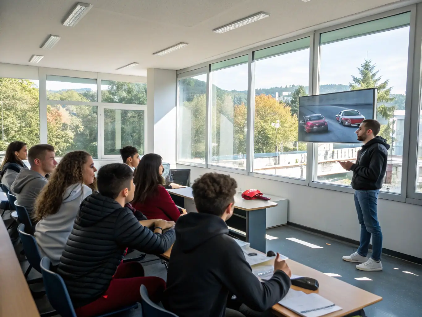 A diverse group of participants attending a safe driving seminar, listening attentively to an instructor who is demonstrating proper techniques and explaining the importance of road safety. The seminar is held in a classroom setting with informative visuals and presentations.